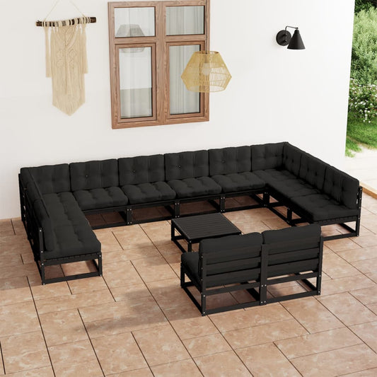 13-tlg. Garten-Lounge-Set mit Kissen Schwarz Massivholz Kiefer