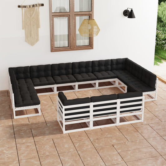 13-tlg. Garten-Lounge-Set mit Kissen Weiß Massivholz Kiefer