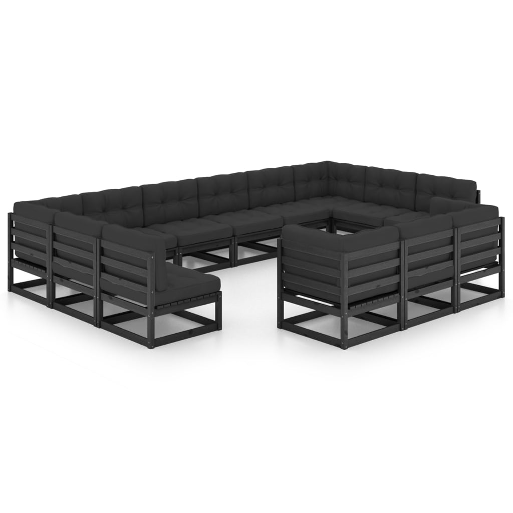 13-tlg. Garten-Lounge-Set mit Kissen Schwarz Massivholz Kiefer