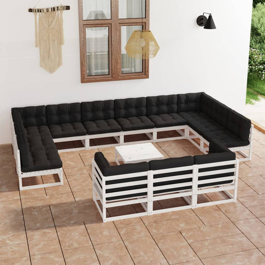 14-tlg. Garten-Lounge-Set mit Kissen Weiß Massivholz Kiefer