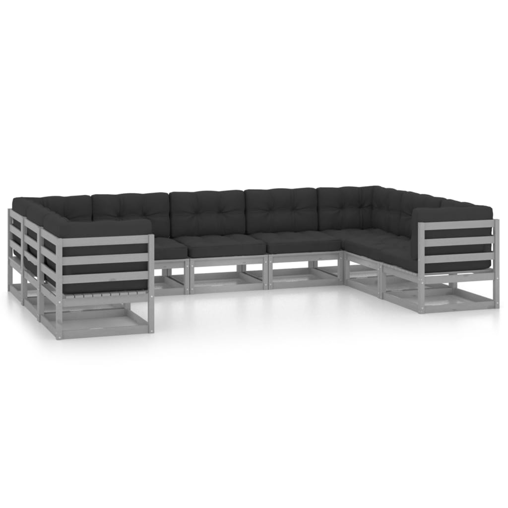 9-tlg. Garten-Lounge-Set mit Kissen Grau Massivholz Kiefer