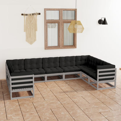 9-tlg. Garten-Lounge-Set mit Kissen Grau Massivholz Kiefer