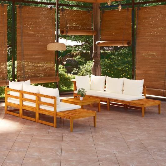 5 uds. Conjunto de salón de jardín con cojines de madera de acacia blanco crema