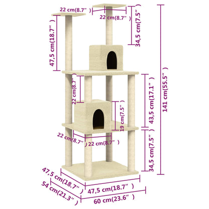 Arbre à chat avec griffoir en sisal crème 141 cm