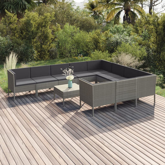 11-tlg. Garten-Lounge-Set mit Auflagen Poly Rattan Grau