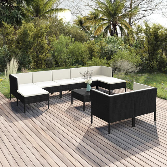 10 pièces. Salon de jardin avec coussins poly rotin noir