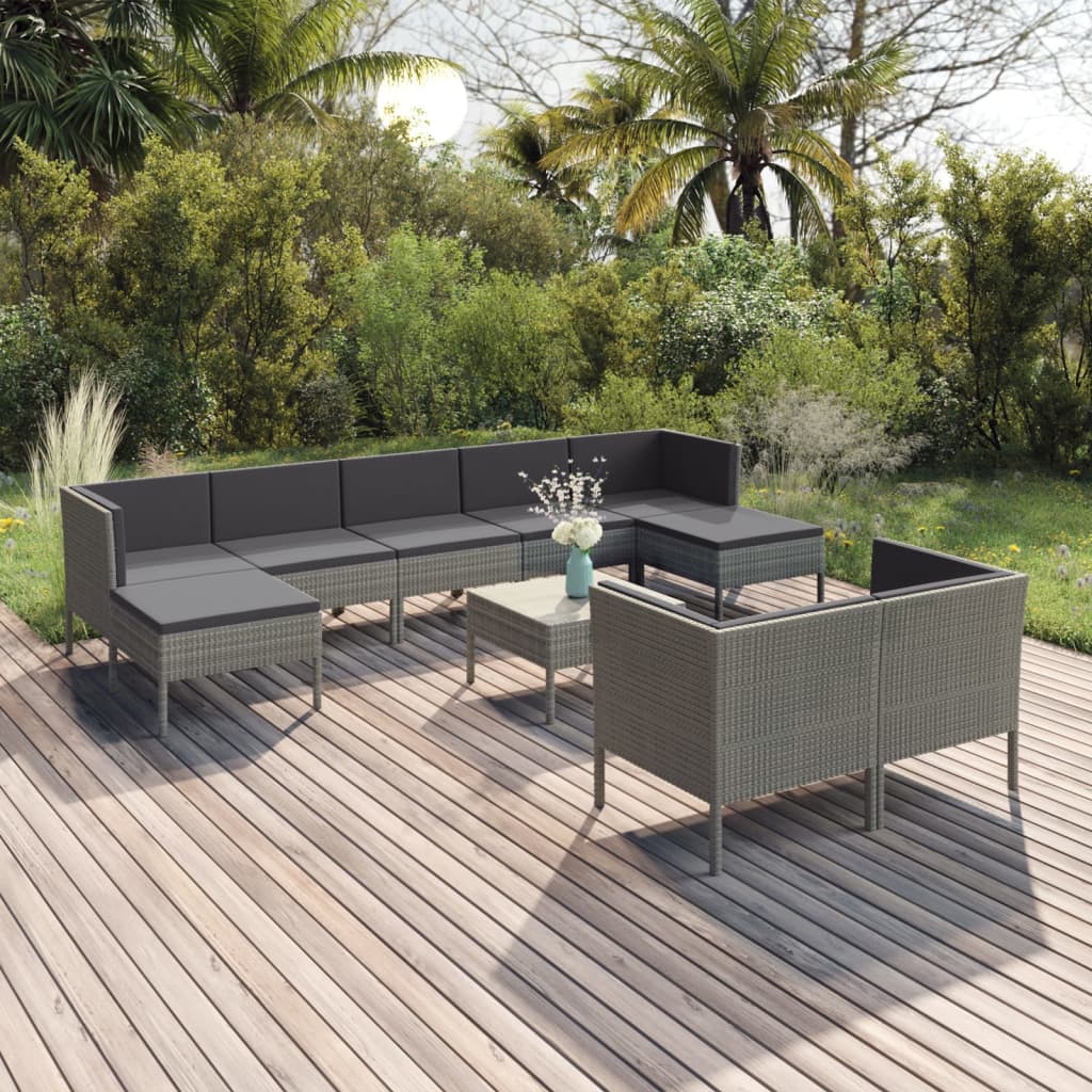 10-tlg. Garten-Lounge-Set mit Auflagen Poly Rattan Grau