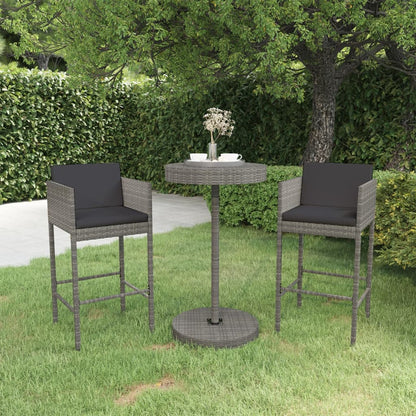 3-tlg. Gartenbar-Set mit Kissen Poly Rattan Grau