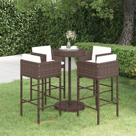 5-tlg. Gartenbar-Set mit Kissen Poly Rattan Braun