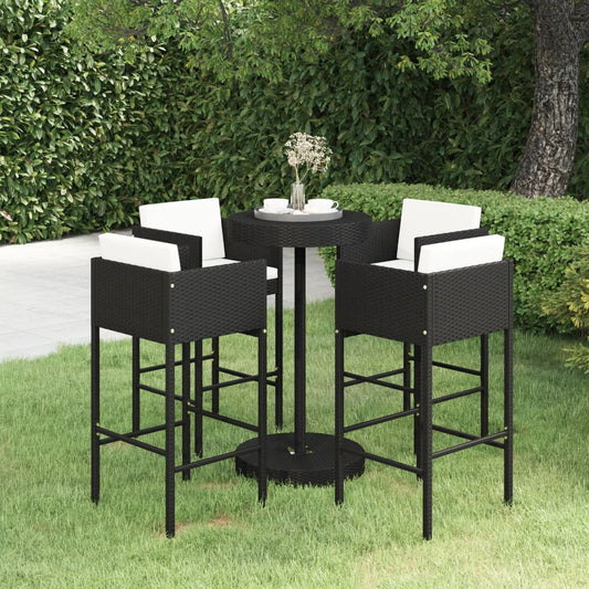 5-tlg. Gartenbar-Set mit Kissen Poly Rattan Schwarz