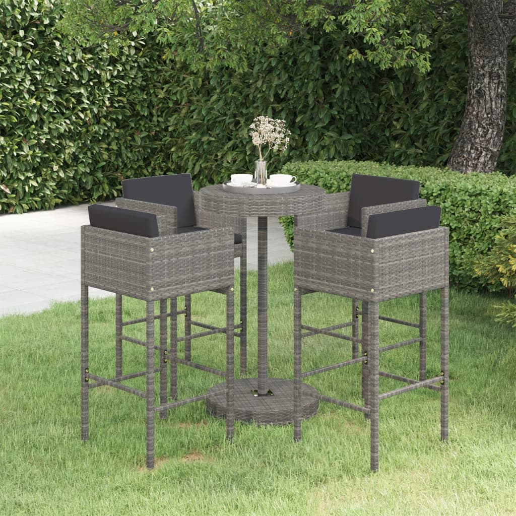 5-tlg. Gartenbar-Set mit Kissen Poly Rattan Grau