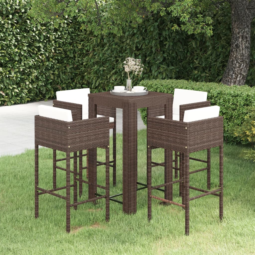 5-tlg. Gartenbar-Set mit Kissen Poly Rattan Braun