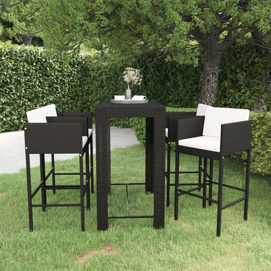 5-tlg. Gartenbar-Set mit Kissen Poly Rattan Schwarz