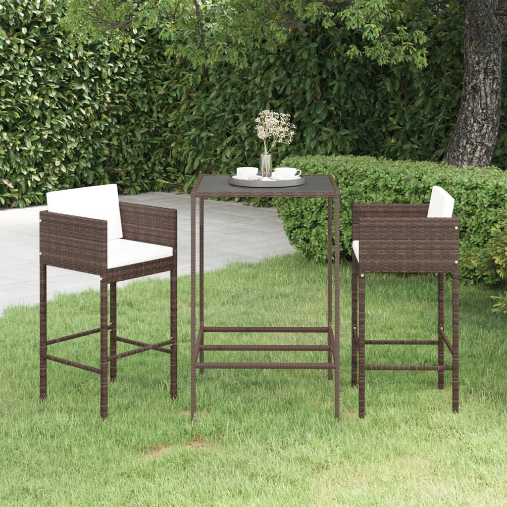 3-tlg. Gartenbar-Set mit Kissen Poly Rattan Braun