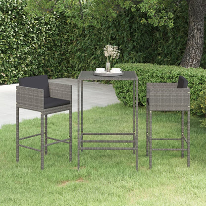 3-tlg. Gartenbar-Set mit Kissen Poly Rattan Grau