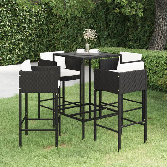 5-tlg. Gartenbar-Set mit Kissen Poly Rattan Schwarz