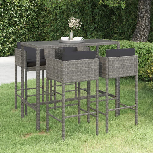 5-tlg. Gartenbar-Set mit Kissen Poly Rattan Grau