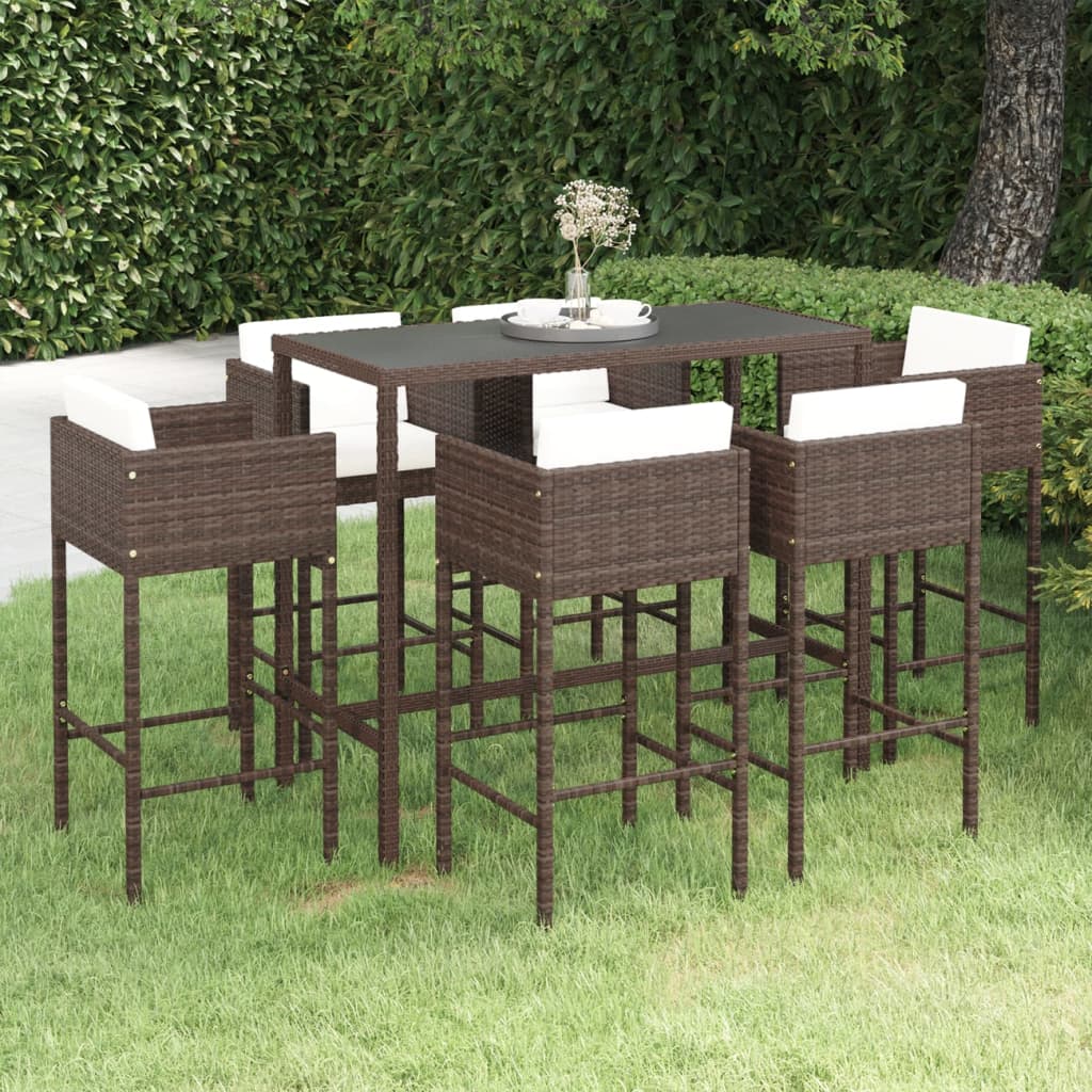 7-tlg. Gartenbar-Set mit Kissen Poly Rattan Braun