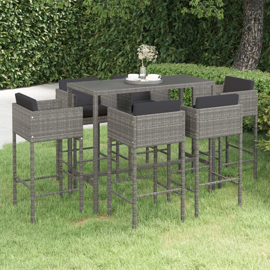 7-tlg. Gartenbar-Set mit Kissen Poly Rattan Grau