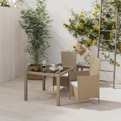 3 piezas. Grupo de comedor de jardín con cojines de poliratán beige