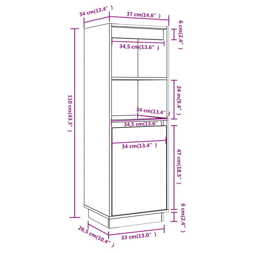 Buffet haut 37x34x110 cm en bois de pin massif