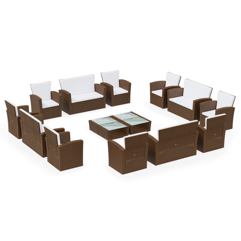 16-tlg. Garten-Lounge-Set mit Kissen Poly-Rattan Braun