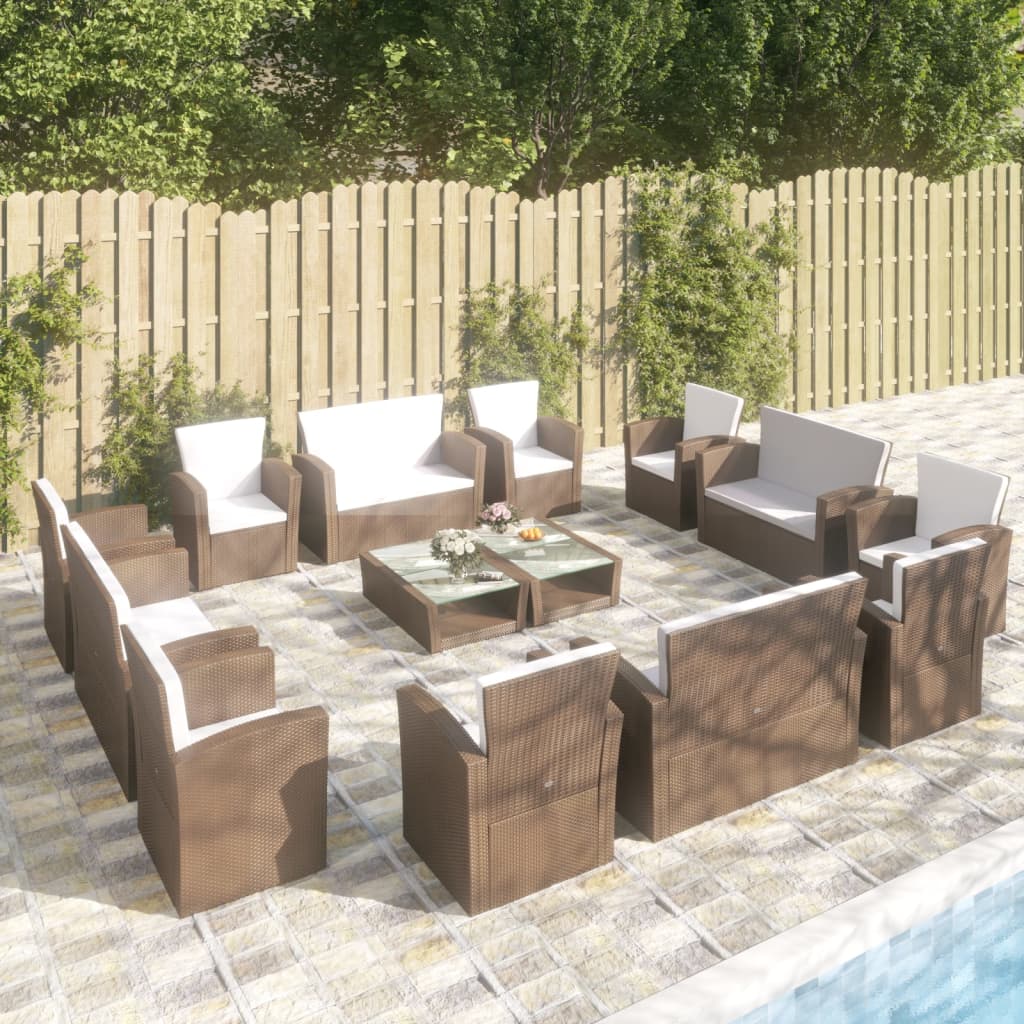 16-tlg. Garten-Lounge-Set mit Kissen Poly-Rattan Braun