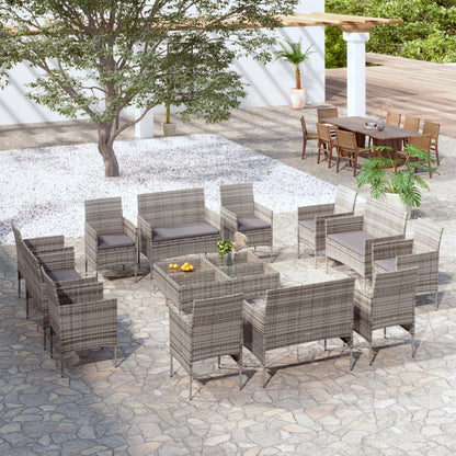 16-tlg. Garten-Lounge-Set mit Auflagen Poly Rattan Grau