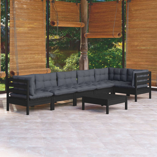 7-tlg. Garten-Lounge-Set mit Kissen Schwarz Kiefernholz