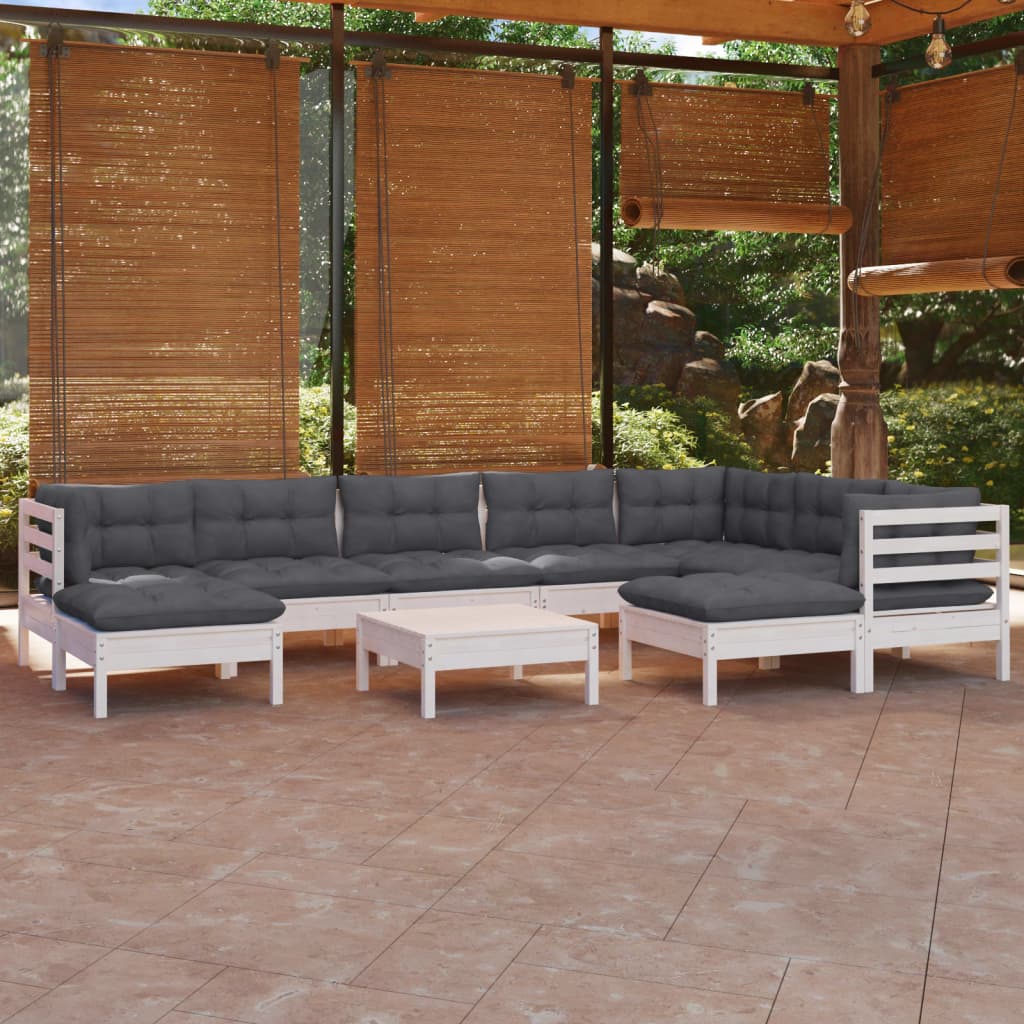 10-tlg. Garten-Lounge-Set mit Kissen Weiß Kiefer Massivholz