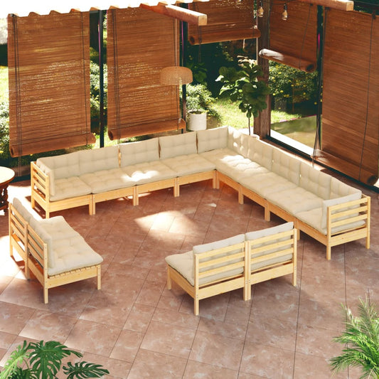 13-tlg. Garten-Lounge-Set mit Creme Kissen Massivholz Kiefer