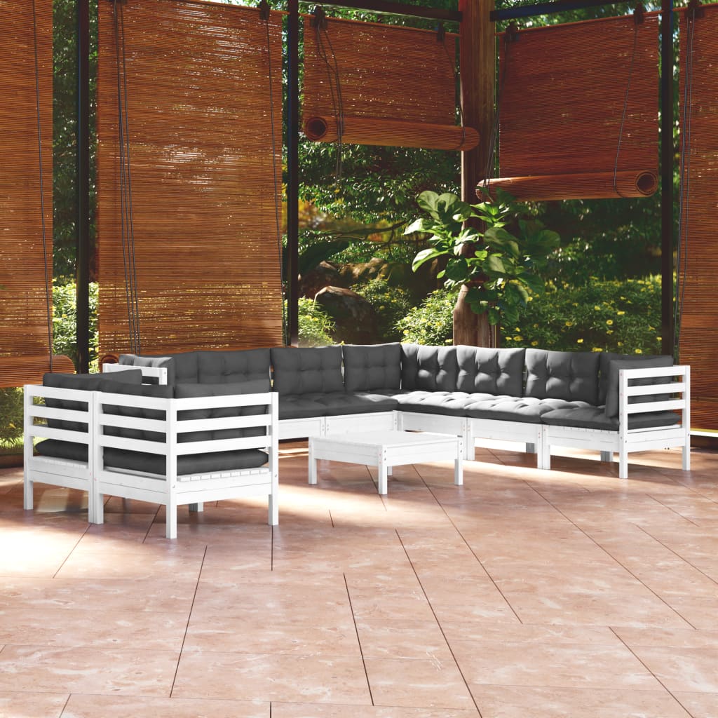 10-tlg. Garten-Lounge-Set mit Kissen Weiß Massivholz Kiefer