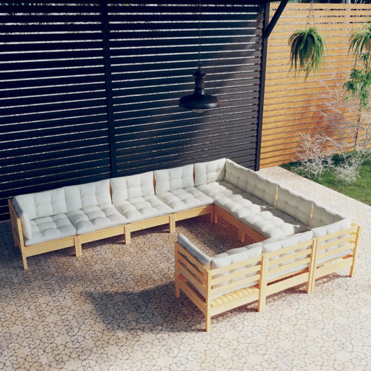 10-tlg. Garten-Lounge-Set mit Creme Kissen Kiefernholz