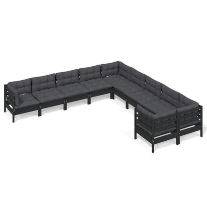 10-tlg. Garten-Lounge-Set mit Kissen Schwarz Kiefernholz