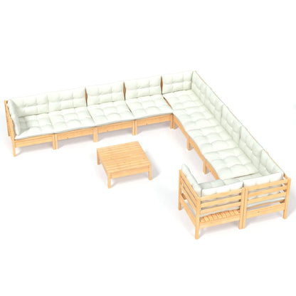 11-tlg. Garten-Lounge-Set mit Creme Kissen Kiefernholz