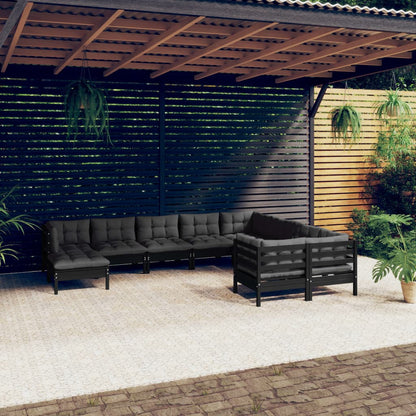 10-tlg. Garten-Lounge-Set mit Kissen Schwarz Kiefernholz