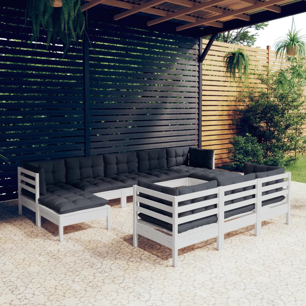 10-tlg. Garten-Lounge-Set mit Kissen Weiß Kiefer Massivholz