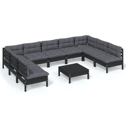 10-tlg. Garten-Lounge-Set mit Kissen Schwarz Massivholz Kiefer