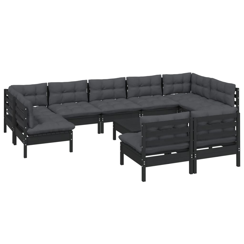 10-tlg. Garten-Lounge-Set mit Kissen Schwarz Massivholz Kiefer