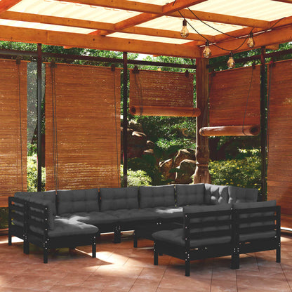 10-tlg. Garten-Lounge-Set mit Kissen Schwarz Massivholz Kiefer