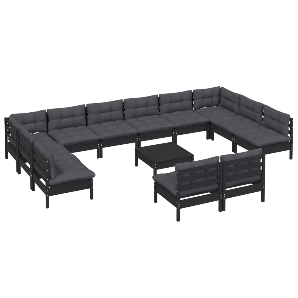 13-tlg. Garten-Lounge-Set mit Kissen Schwarz Kiefer Massivholz