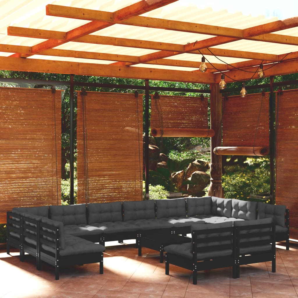 13-tlg. Garten-Lounge-Set mit Kissen Schwarz Kiefer Massivholz