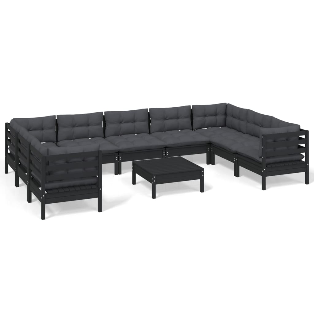 10-tlg. Garten-Lounge-Set mit Kissen Schwarz Kiefernholz