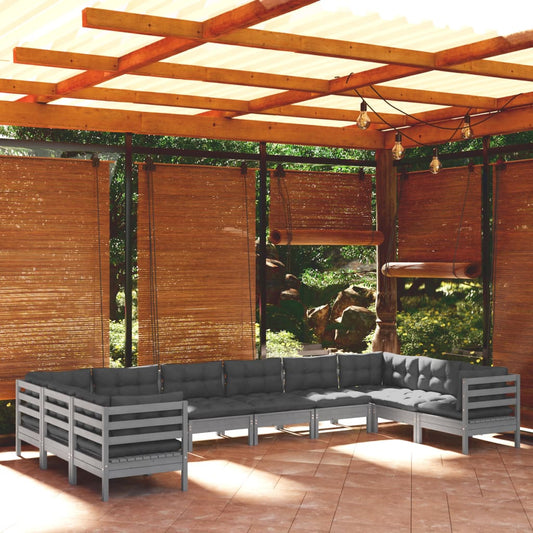 10-tlg. Garten-Lounge-Set mit Kissen Grau Kiefernholz