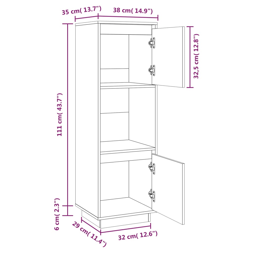 Highboard Weiß 38x35x117 cm Massivholz Kiefer