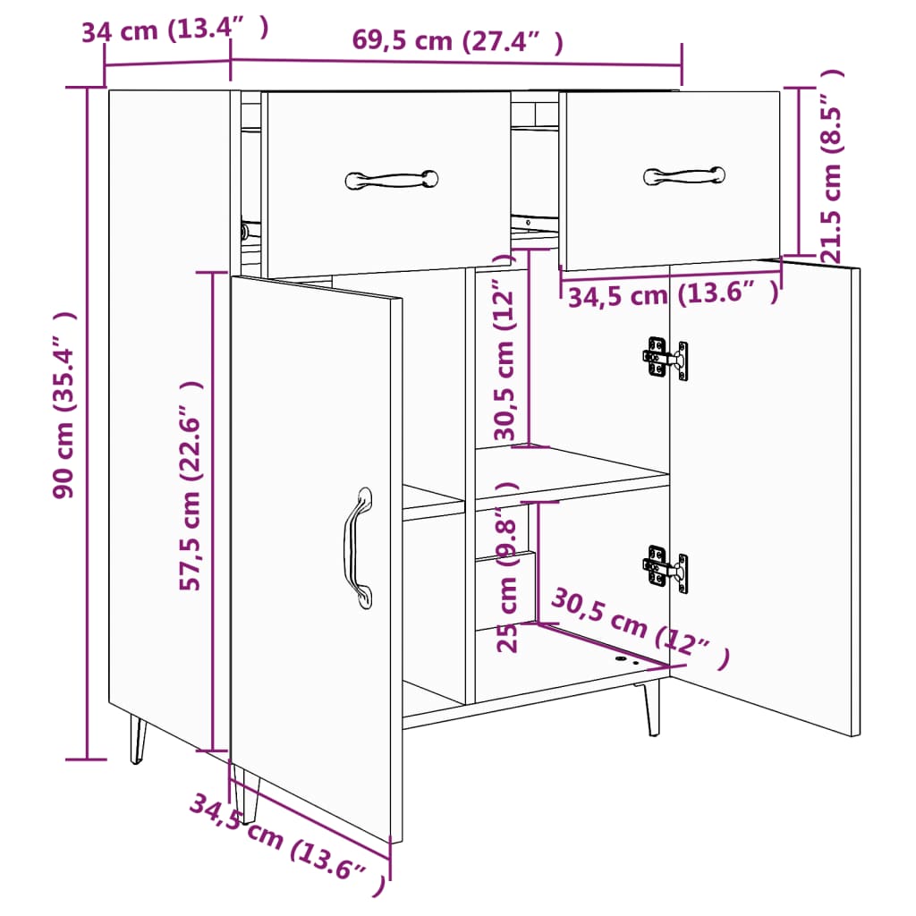 Buffet gris béton 69,5x34x90 cm en bois