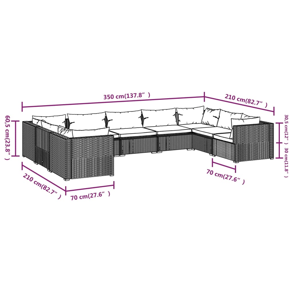 9-tlg. Garten-Lounge-Set mit Kissen Poly Rattan Braun