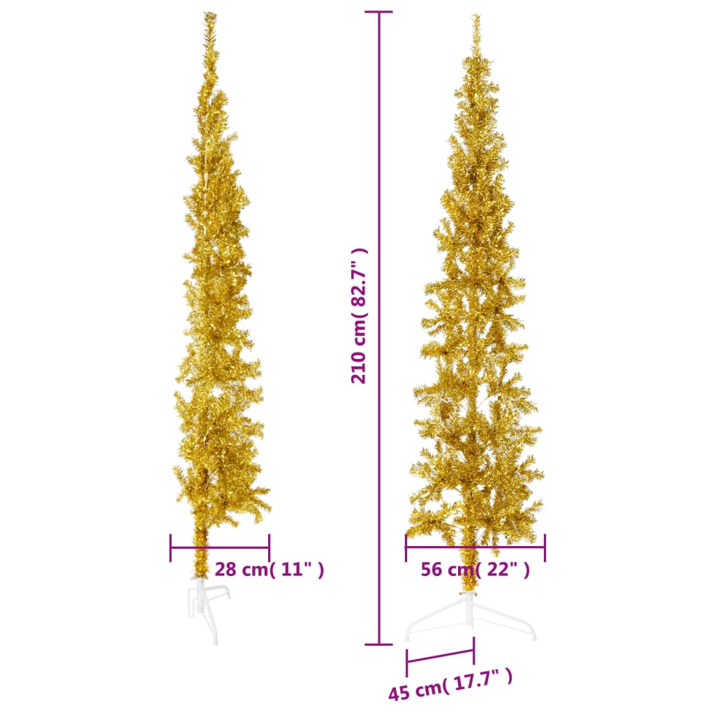 Demi-sapin de Noël artificiel avec support Slim doré 210 cm