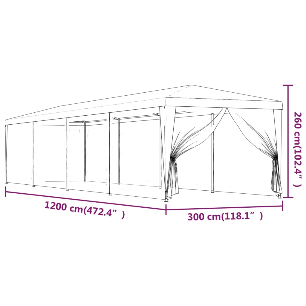 Tente de fête avec parois latérales 10 mailles Bleu 3x12 m HDPE