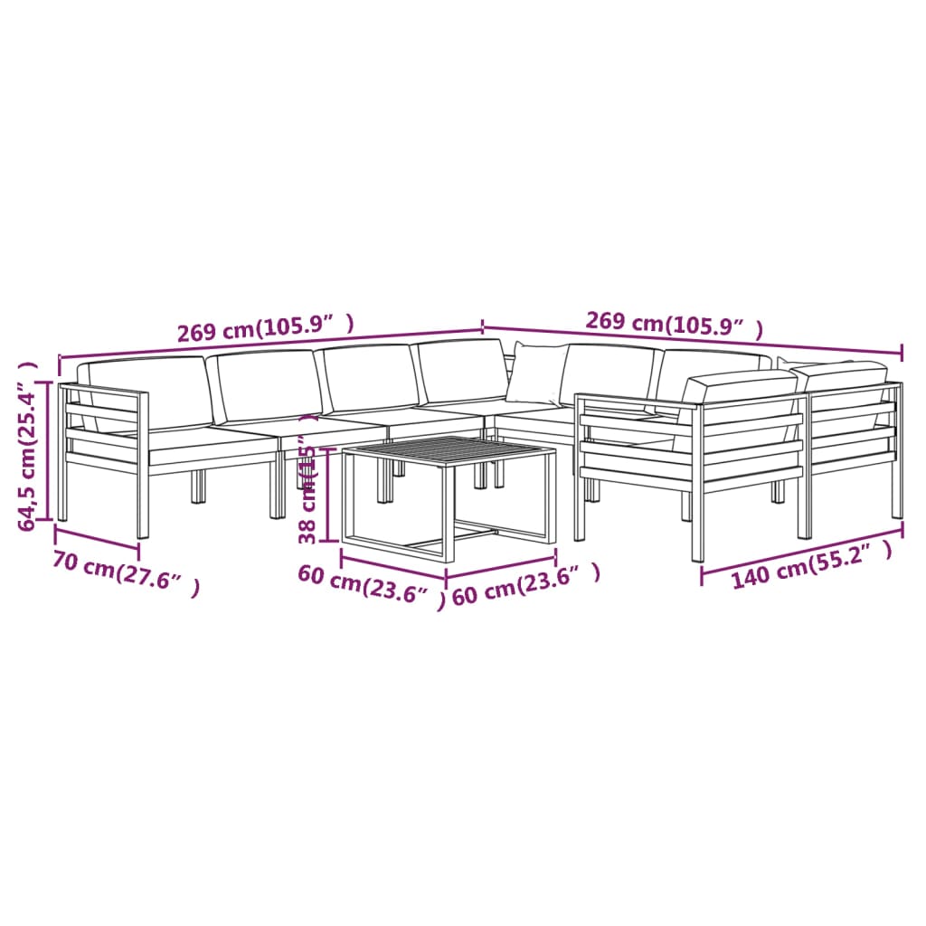 9-tlg. Garten-Lounge-Set mit Kissen Aluminium Anthrazit